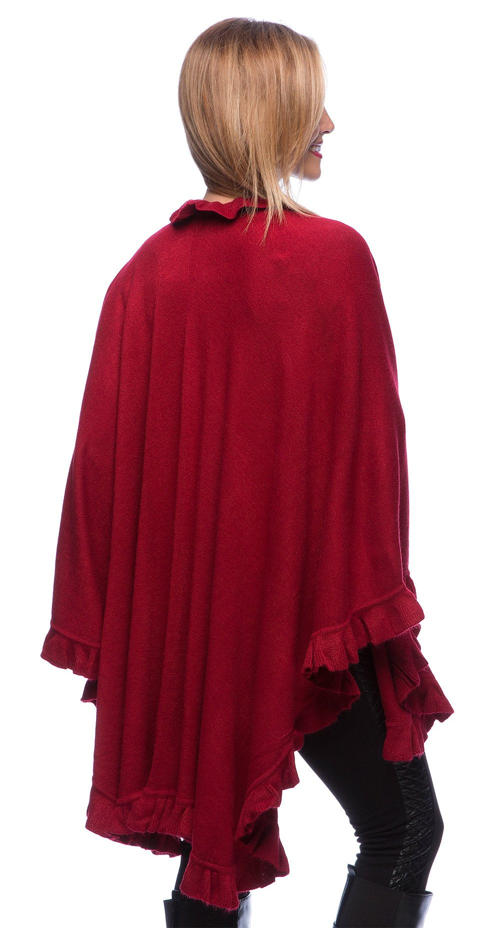 Crimson red knit poncho cape with ruffle hem and layered back drape