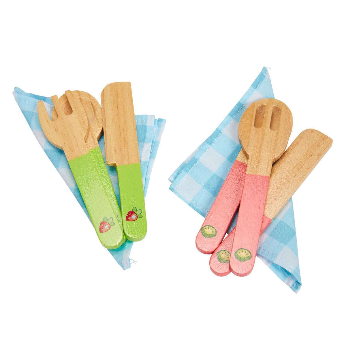 Wooden play picnic utensils with cloth napkins and colorful card-style pieces