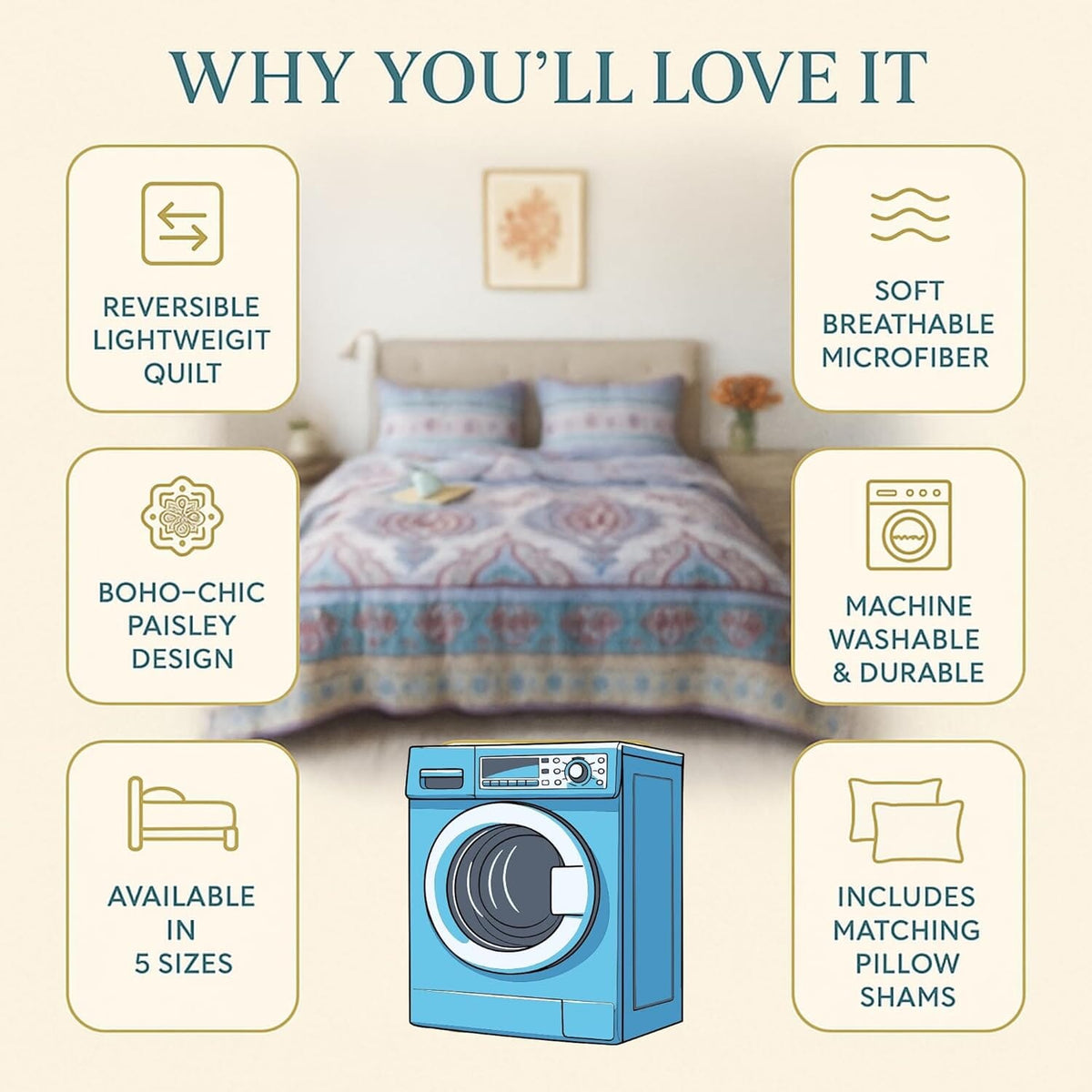 Reversible lightweight quilt set with boho-chic paisley pattern and matching pillow shams