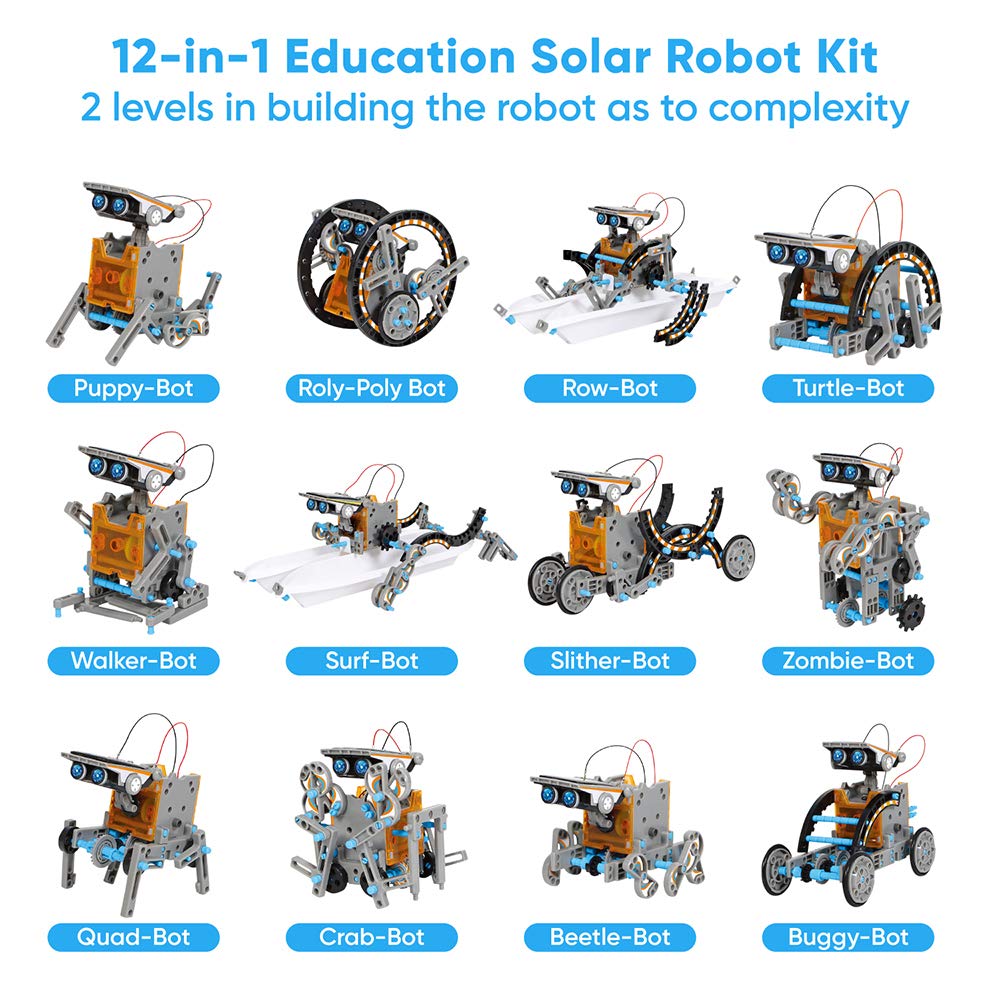 Solar robot kit showing 12-in-1 buildable robot styles