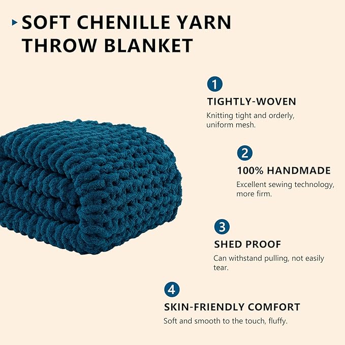 Chunky chenille knit throw blanket roll, deep blue