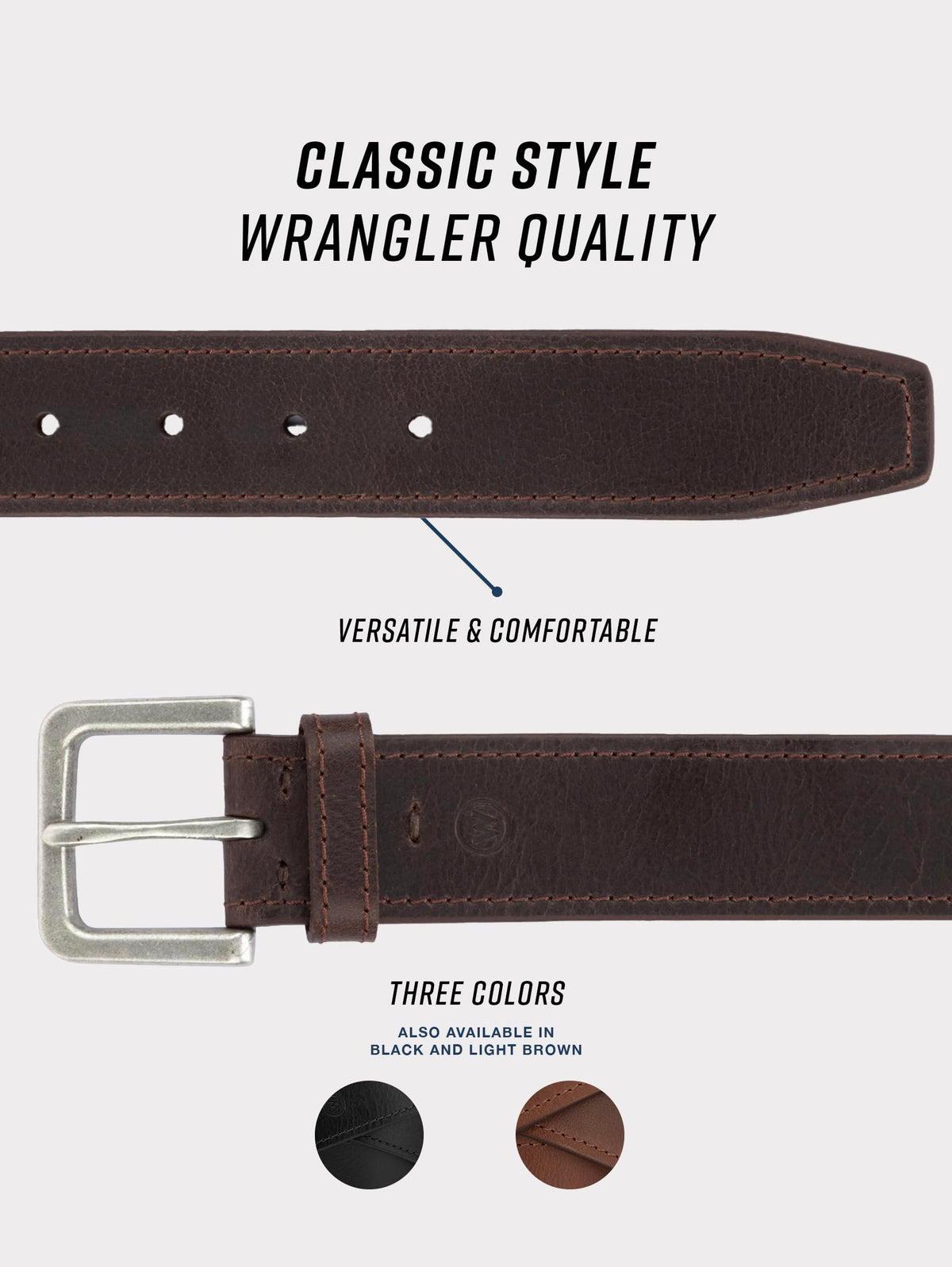 Brown leather belt with silver buckle, eyelets, and stitched edge