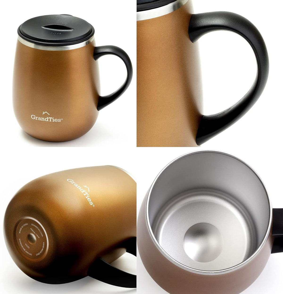 Insulated tumbler with handle and black sliding lid; close-up of lid and open top