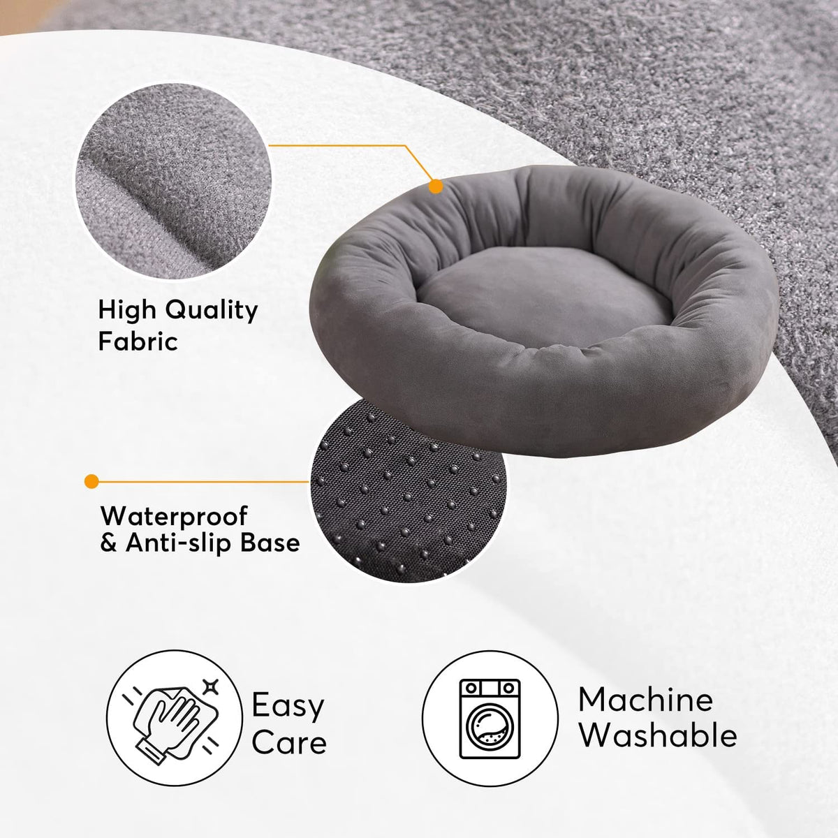 Grey round pet bed cushion with visible fabric texture and tufted rim details.