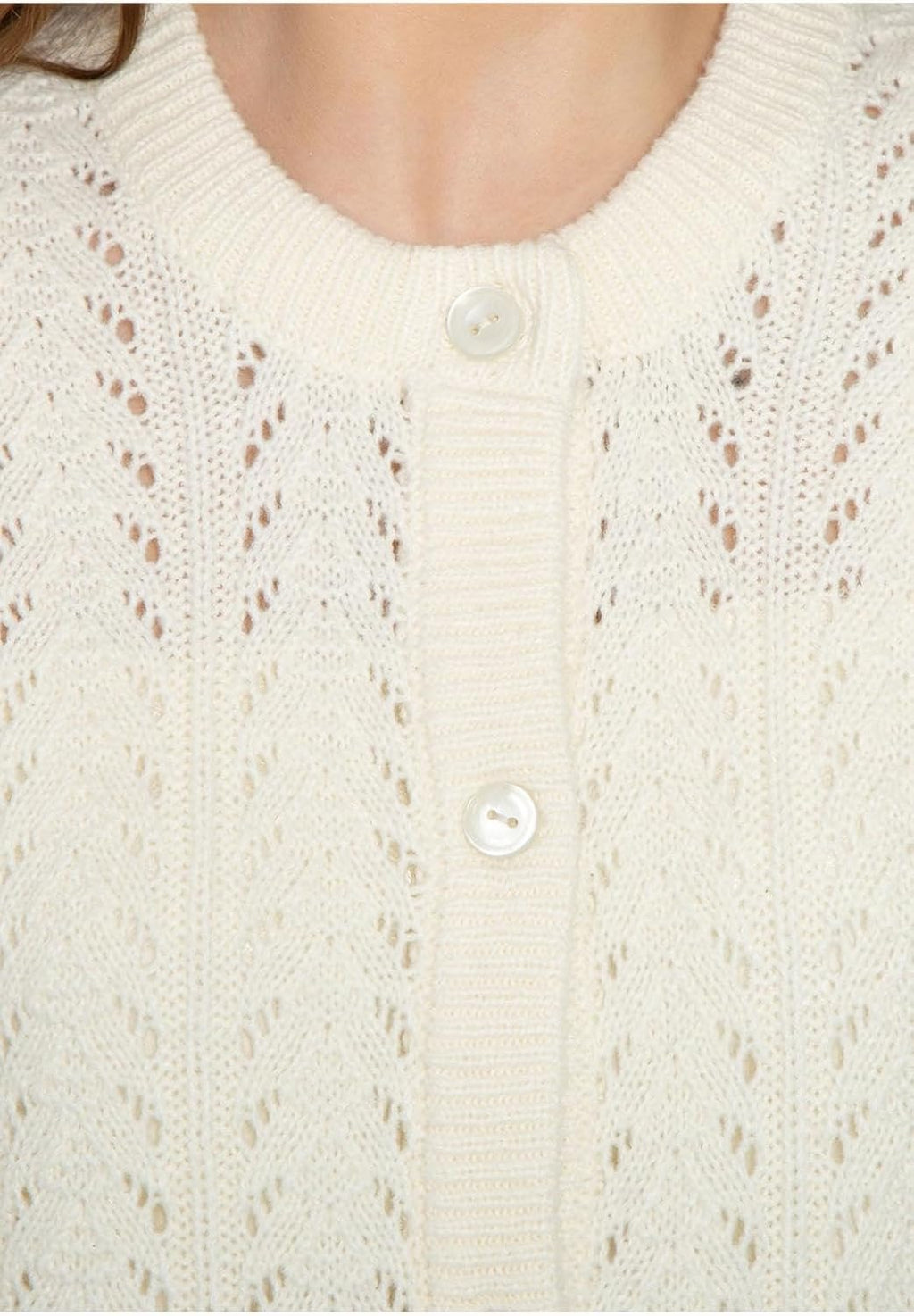 Ivory crochet pointelle cardigan close-up of button front and knit eyelet pattern