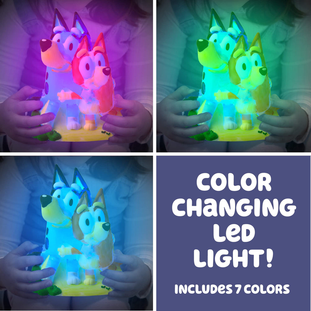 Color-changing LED light-up figurines shown glowing in multiple colors