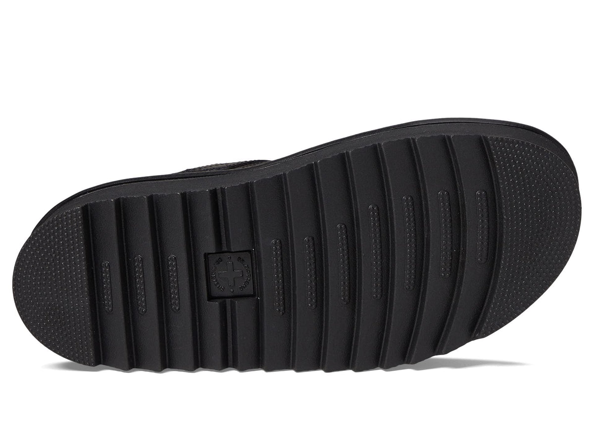Black rubber outsole of platform sandal with tread and Dr. Martens logo