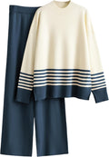 Women's 2-piece knitted lounge set: cream pullover with navy stripe cuffs and wide-leg pants