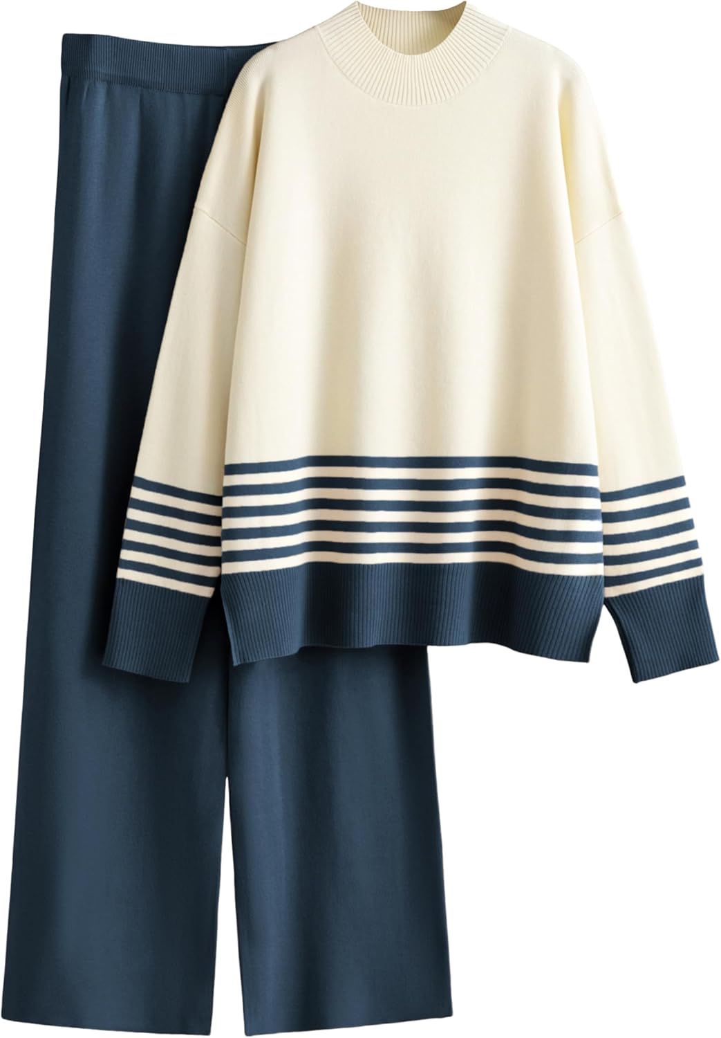 Women's 2-piece knitted lounge set: cream pullover with navy stripe cuffs and wide-leg pants