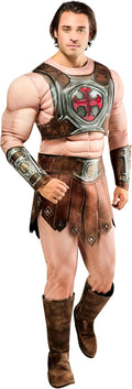 Men's He-Man costume: brown tunic with silver chest armor, belt, and bracers
