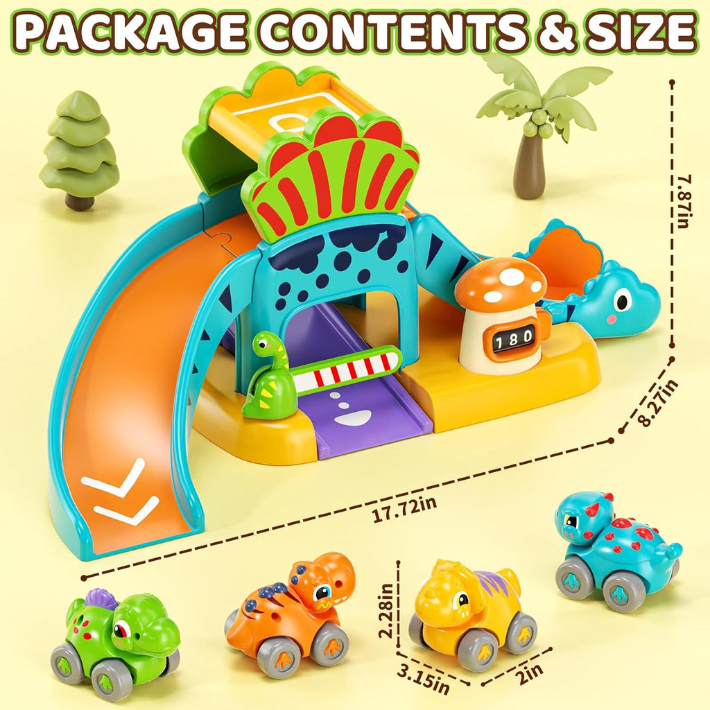 Dinosaur garage slide playset with 4 mini push cars and purple indoor ramp