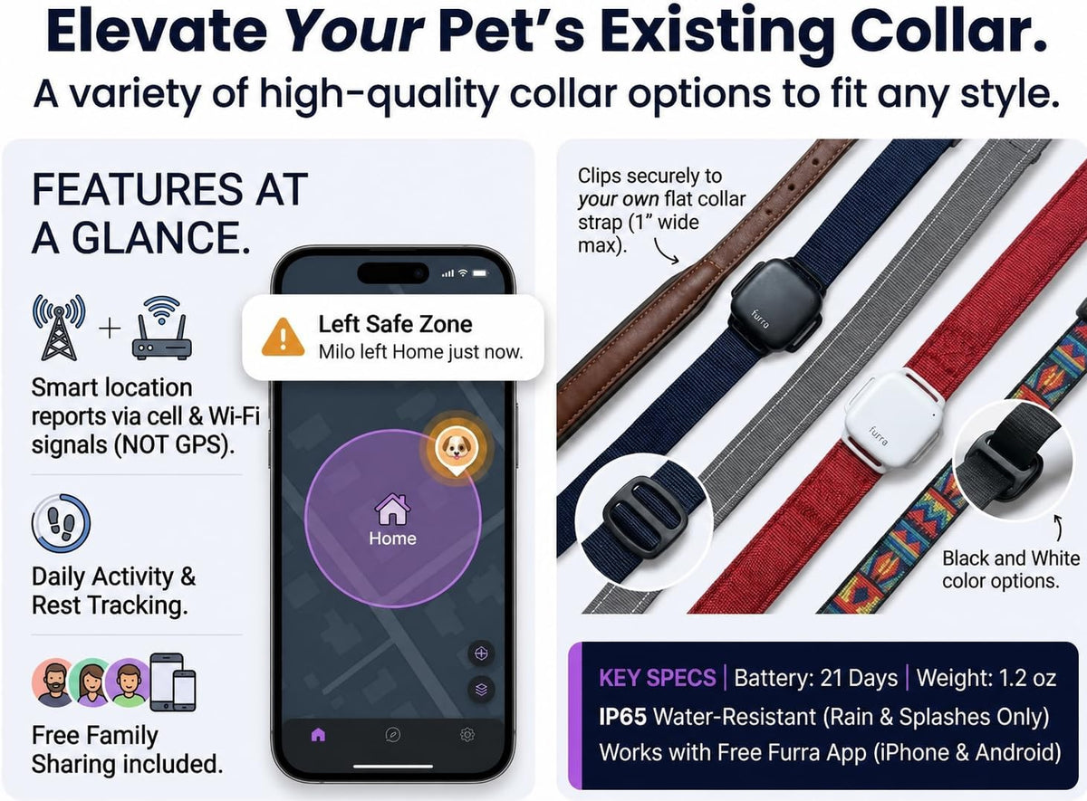 Black and white pet trackers clipped to different collar straps