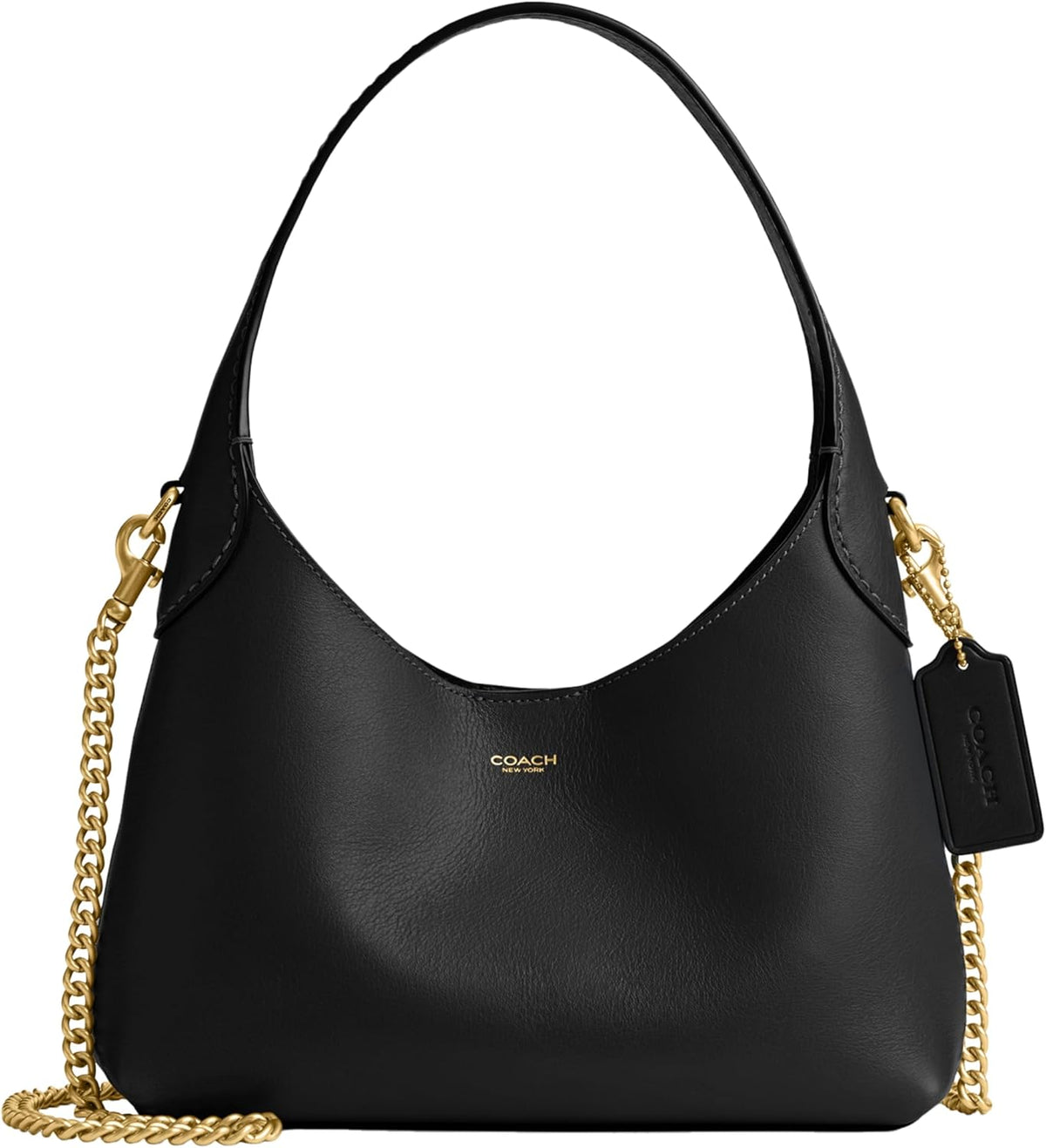 COACH black shoulder bag with curved opening and gold chain shoulder strap
