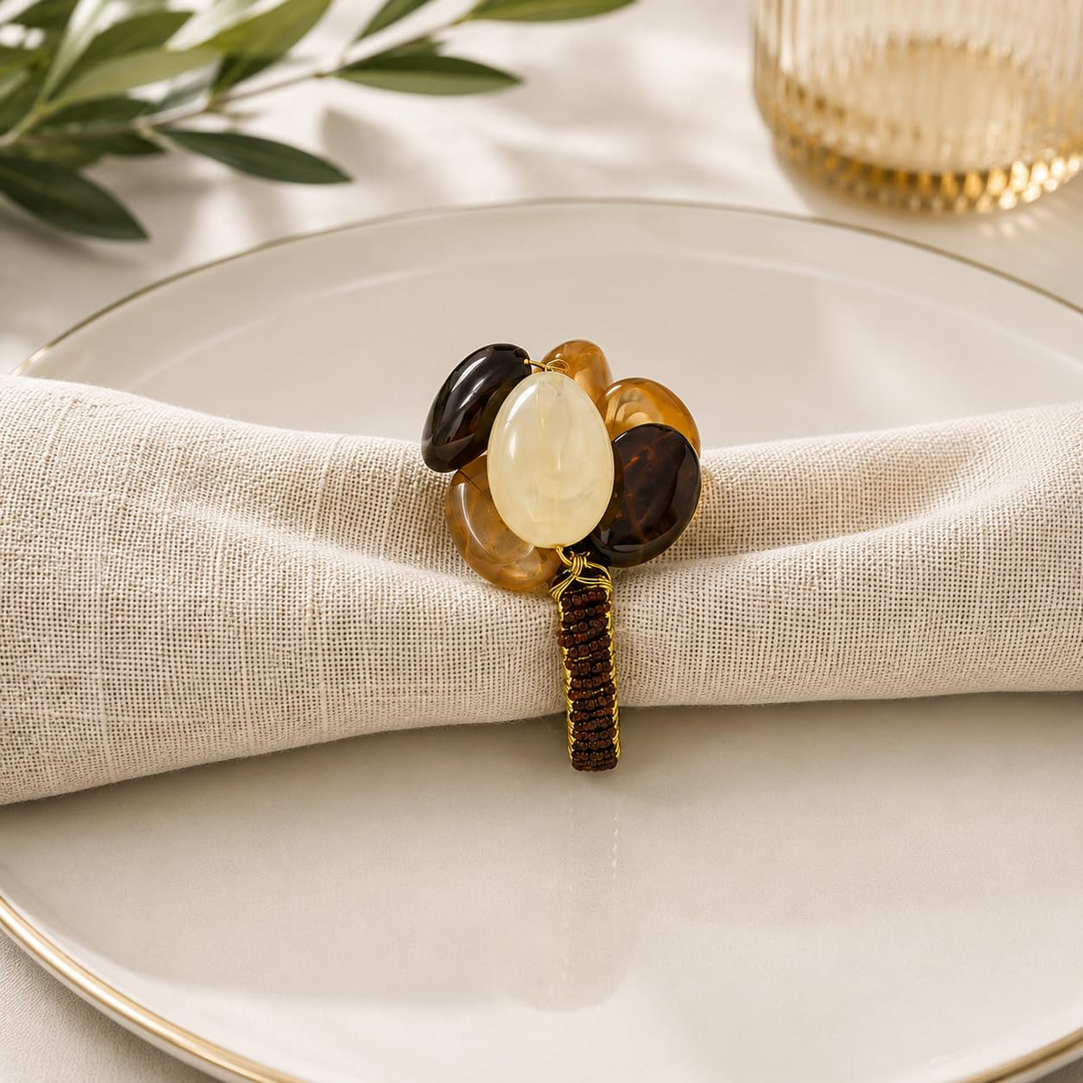 Brown and smoky gemstone beaded napkin ring with oval glass beads and sparkle