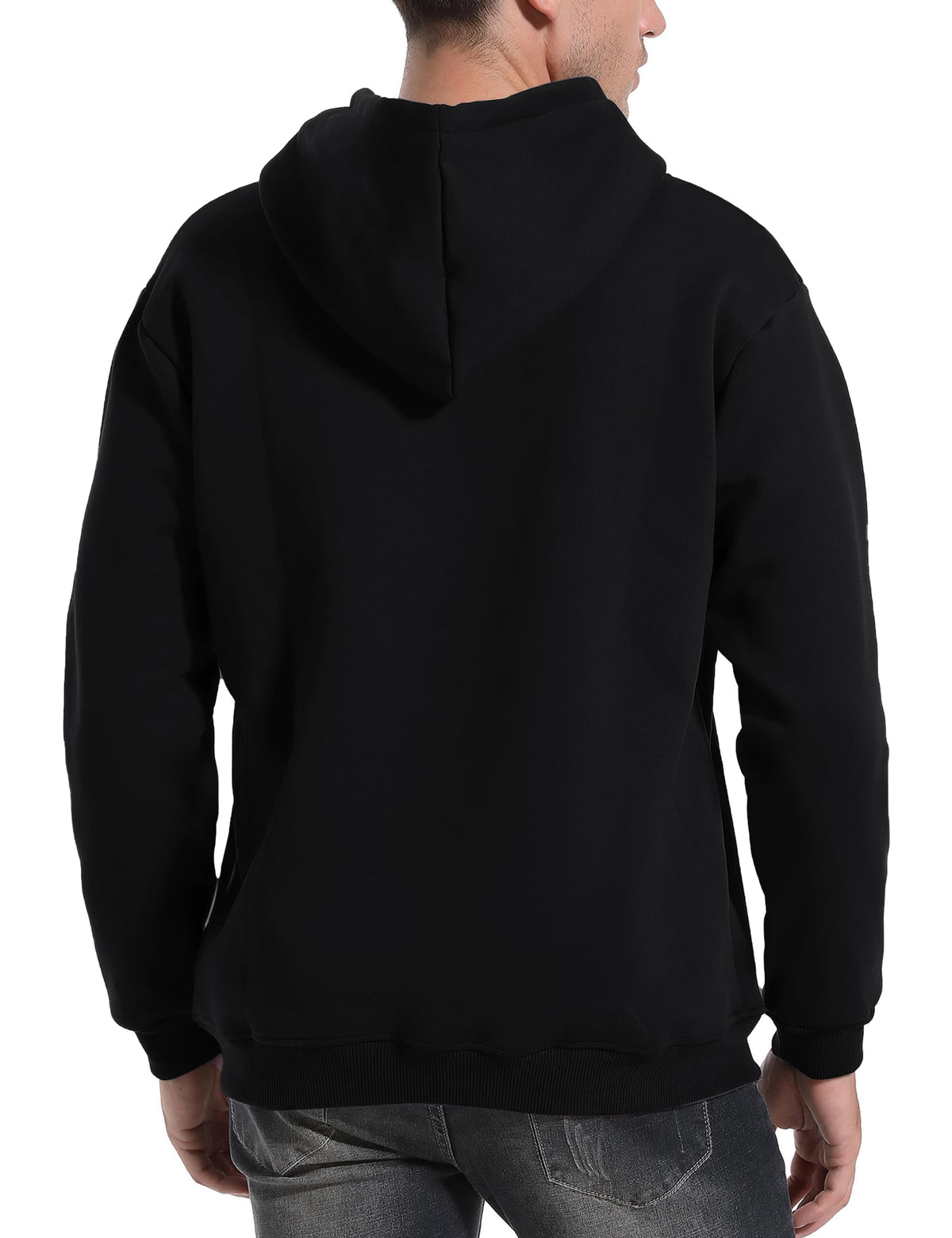 Men's fleece sherpa-lined hoodie in black, hooded back view with soft lining.