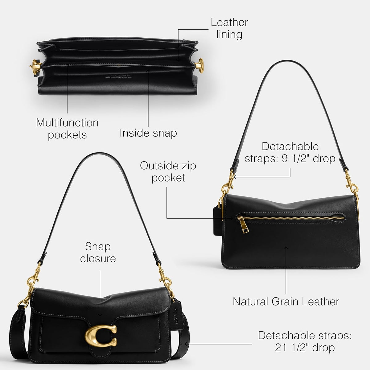 COACH Tabby shoulder bag, black with gold hardware: snap closure, outside zip pocket, detachable straps.