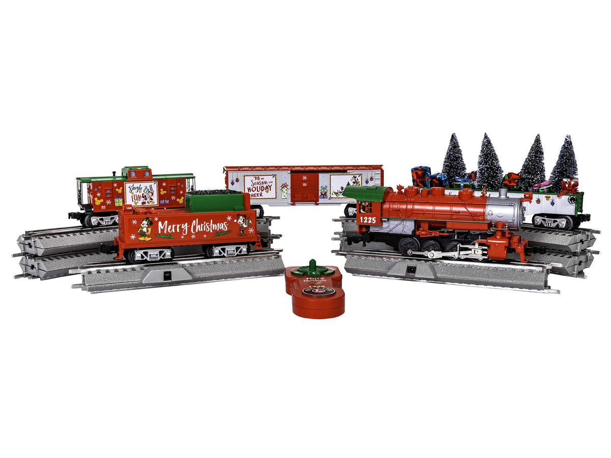 Orange and green holiday freight train set with two cars and printed panels