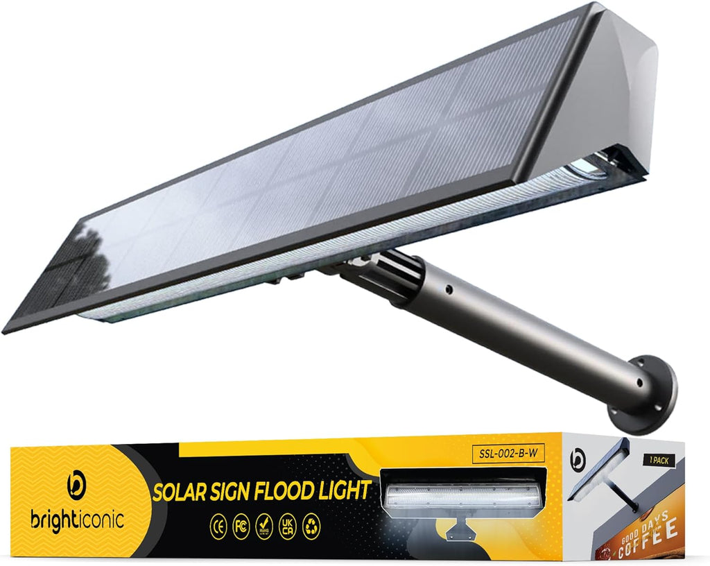 Solar sign flood light in black finish with angled panel and black extension arm