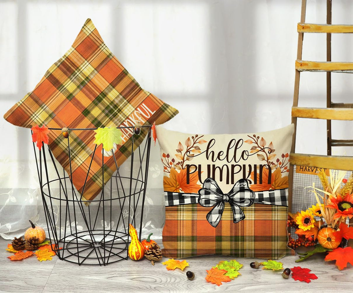 Fall pillow covers with plaid thankful and hello pumpkin orange graphic designs