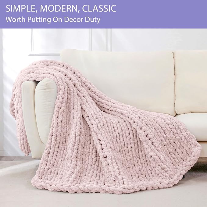 Chunky knit throw blanket, rose tan, thick loop cable texture, on sofa