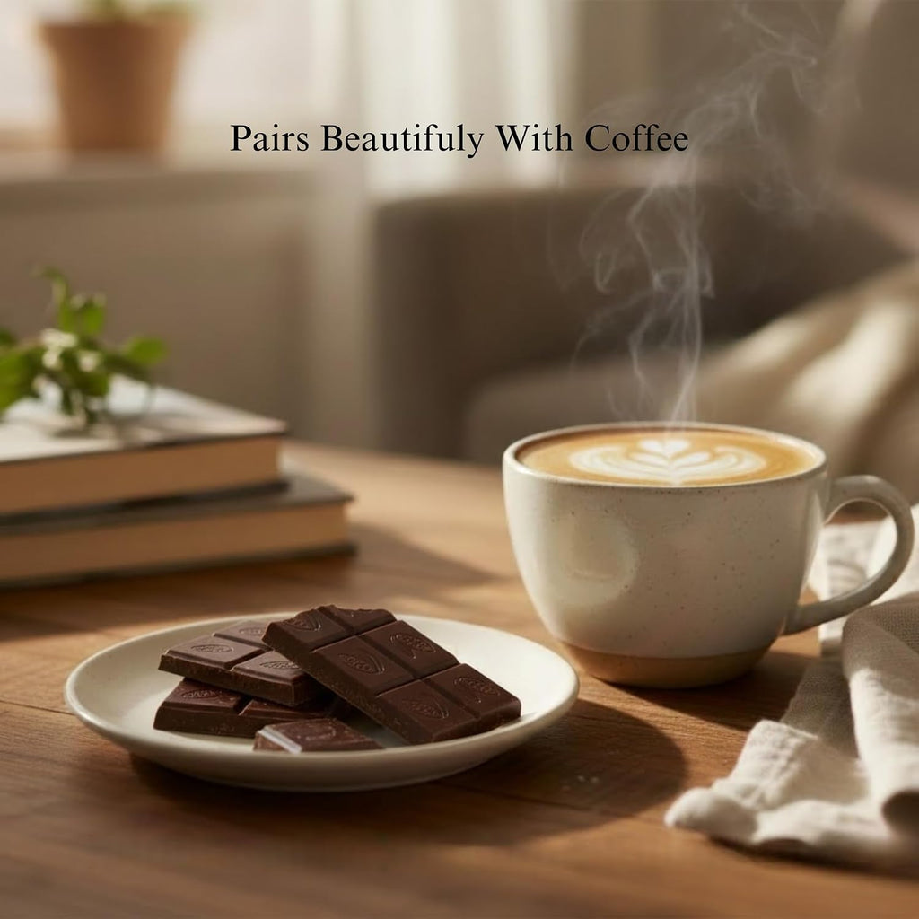 Dark chocolate squares on a plate beside a coffee cup