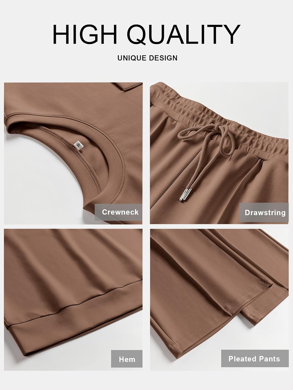 Brown sweatsuit fabric details: crewneck top pocket and drawstring wide-leg pants
