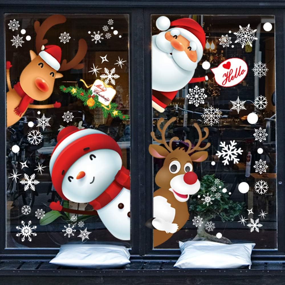 Christmas window sticker set on two panes with Santa, reindeer, and snowflakes