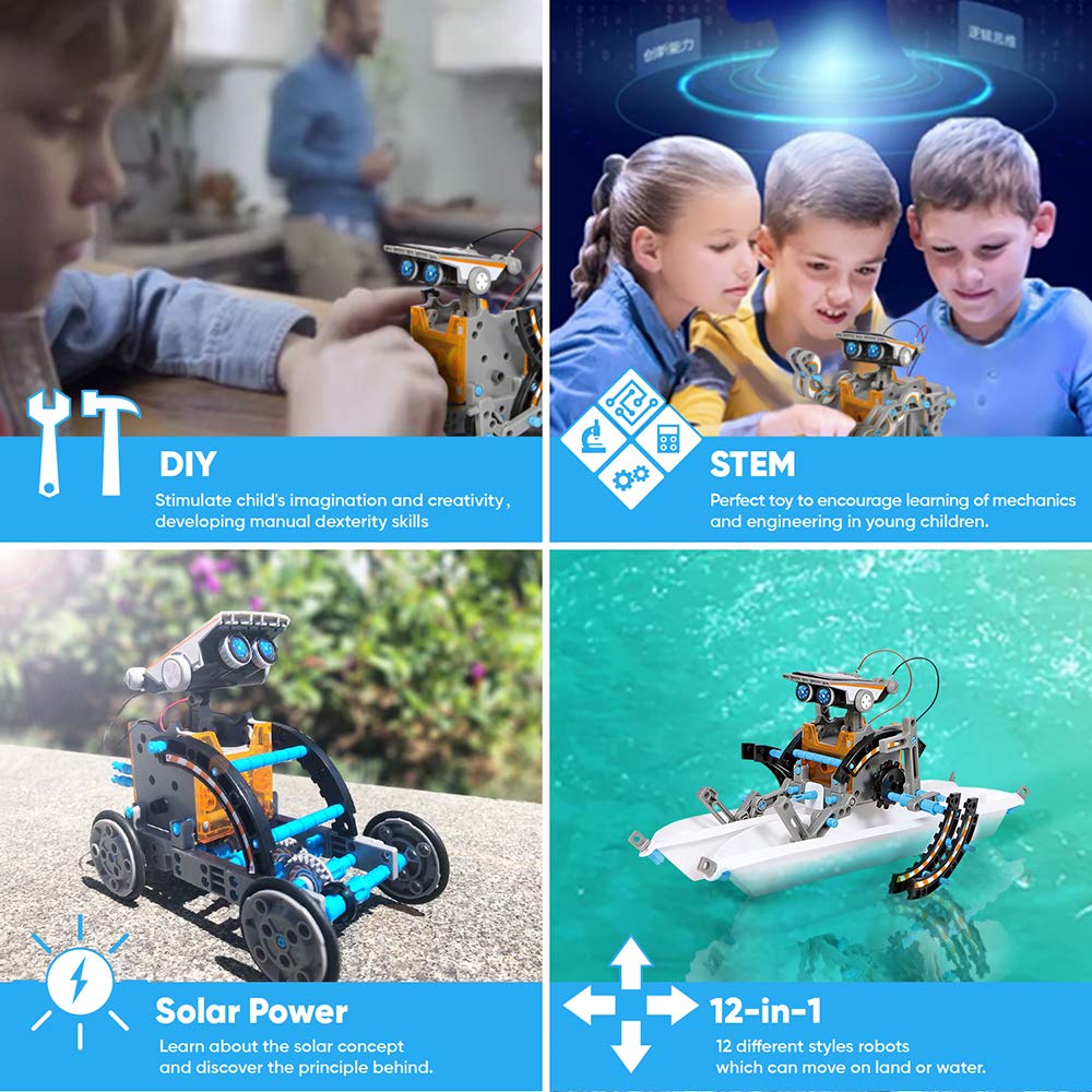 Kids assembling a solar-powered robot kit with small robot models on a table