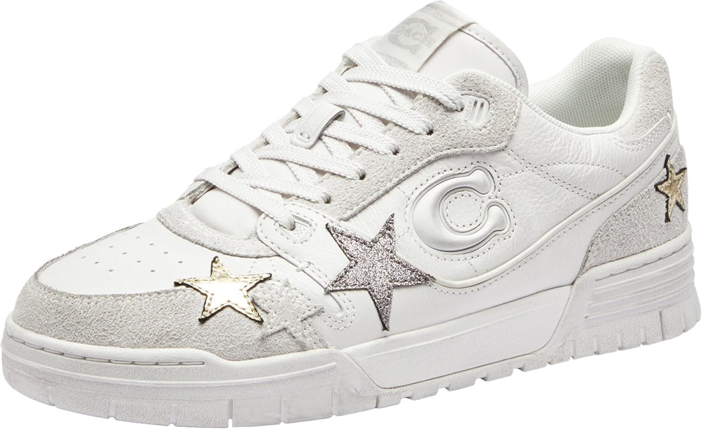Coach women's Soho star sneakers, white leather upper with gold and gray star applique