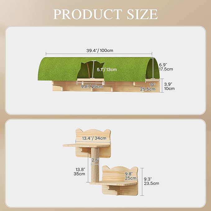 Dimensions graphic for green tunnel cat shelf system with wooden platforms and steps