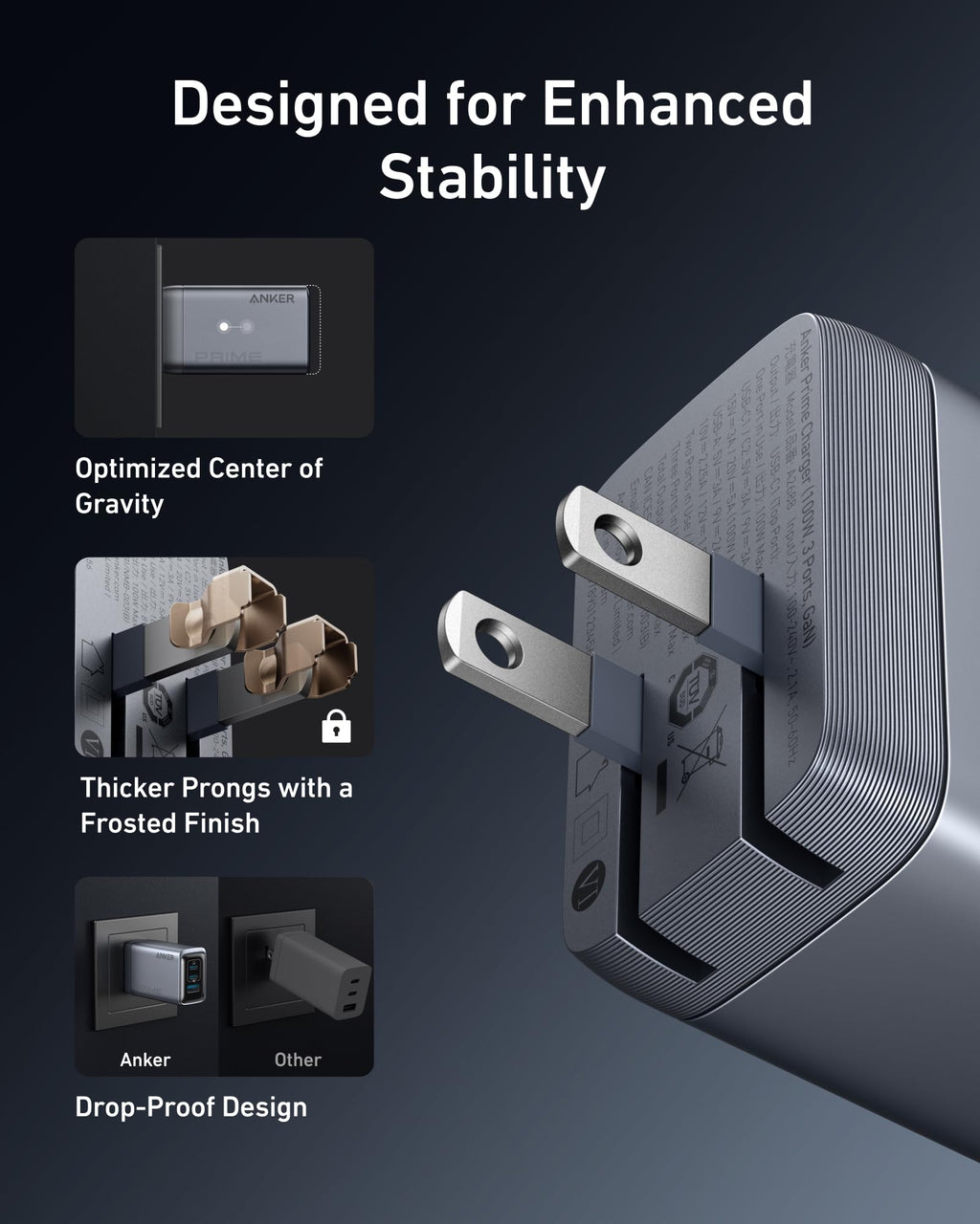 Anker Prime GaN wall charger with thick, frosted plug prongs and textured finish