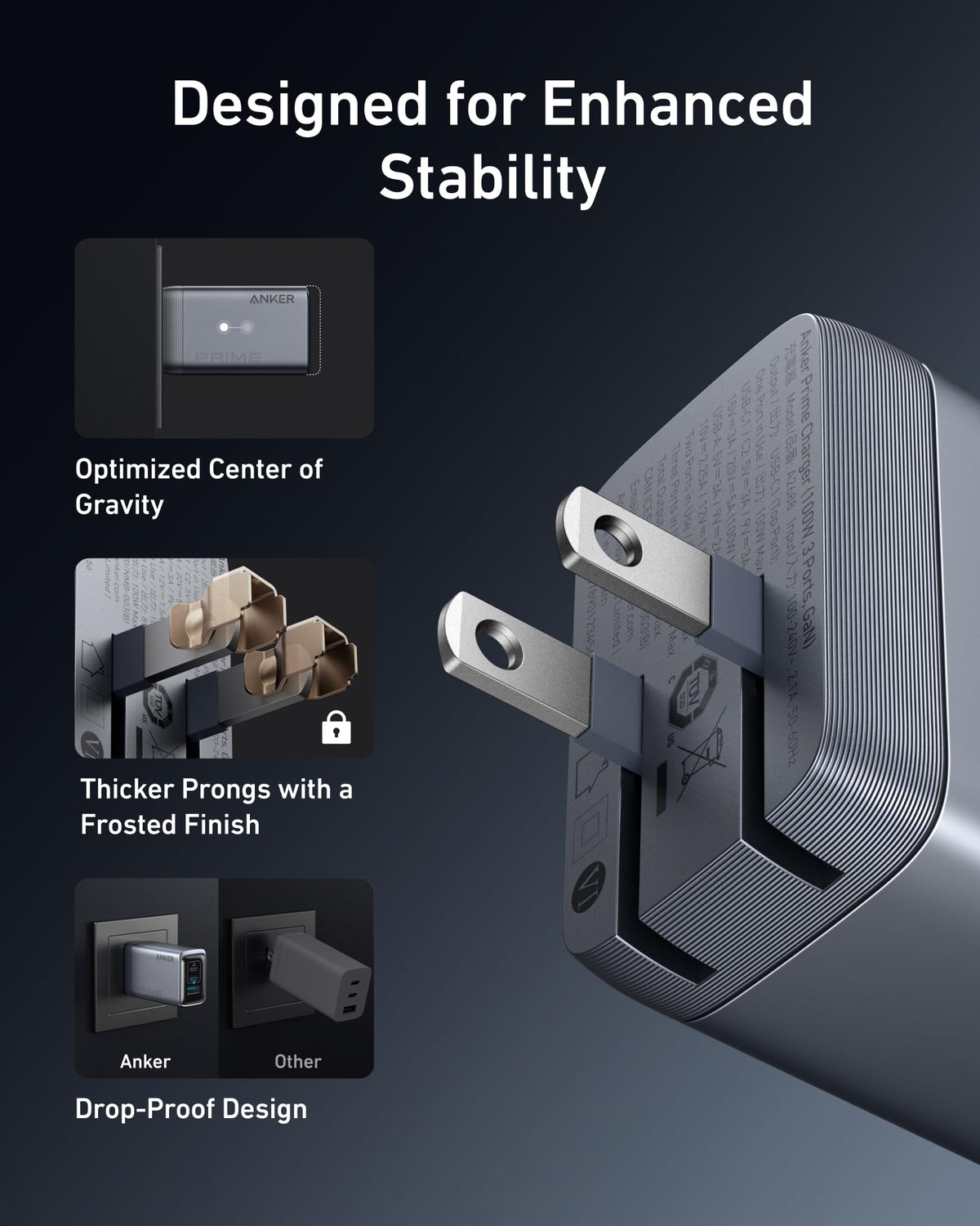 Anker Prime GaN wall charger with thick, frosted plug prongs and textured finish
