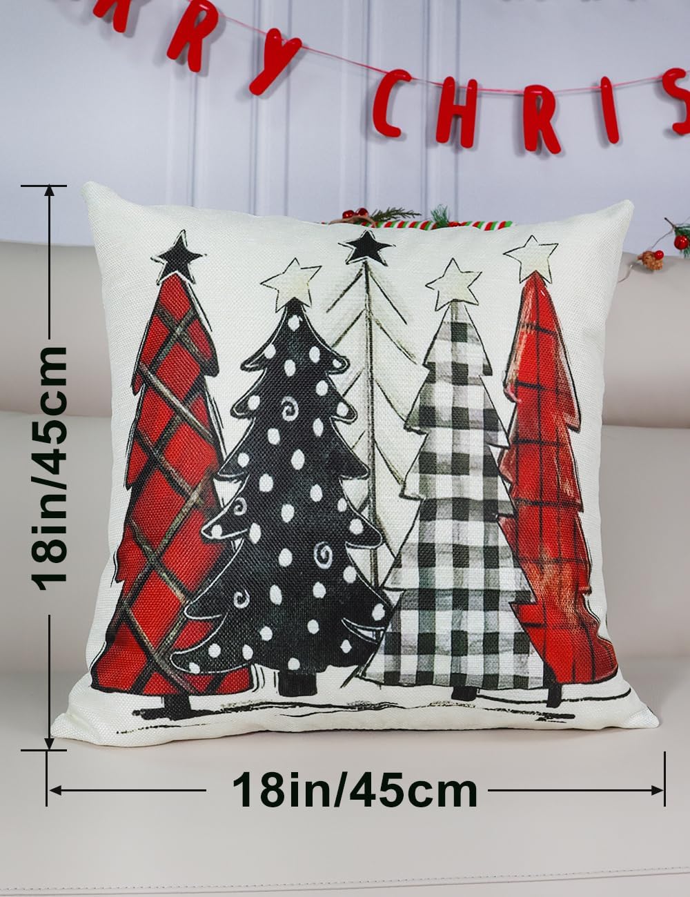Christmas pillow cover with plaid trees and star details, 18in/45cm size