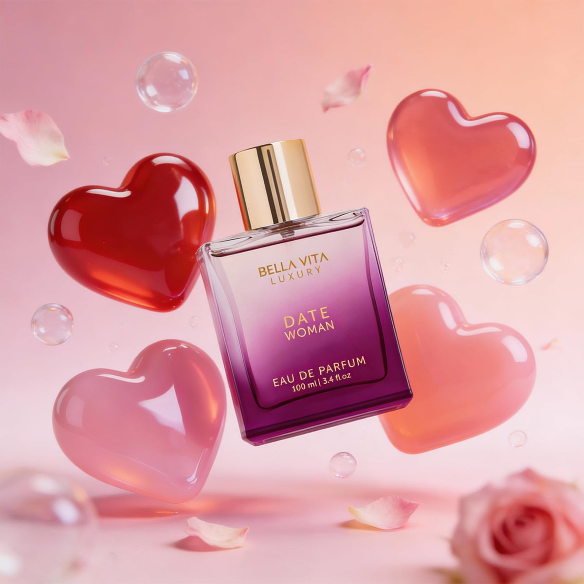 Date Woman eau de parfum bottle with gold cap and heart-shaped bubbles