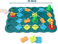 Teal logic puzzle board with connected route tracks, trains, and green star pieces