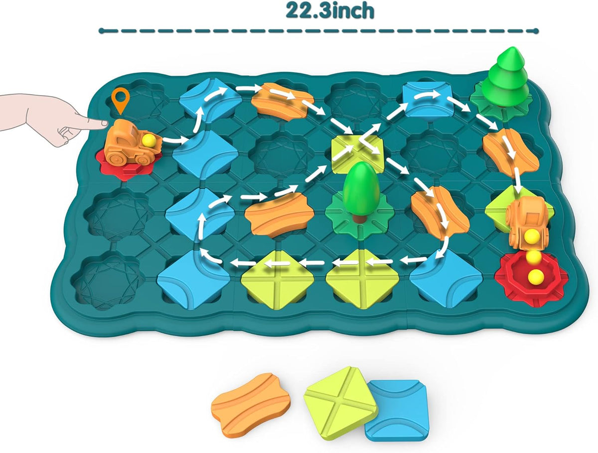 Teal logic puzzle board with connected route tracks, trains, and green star pieces