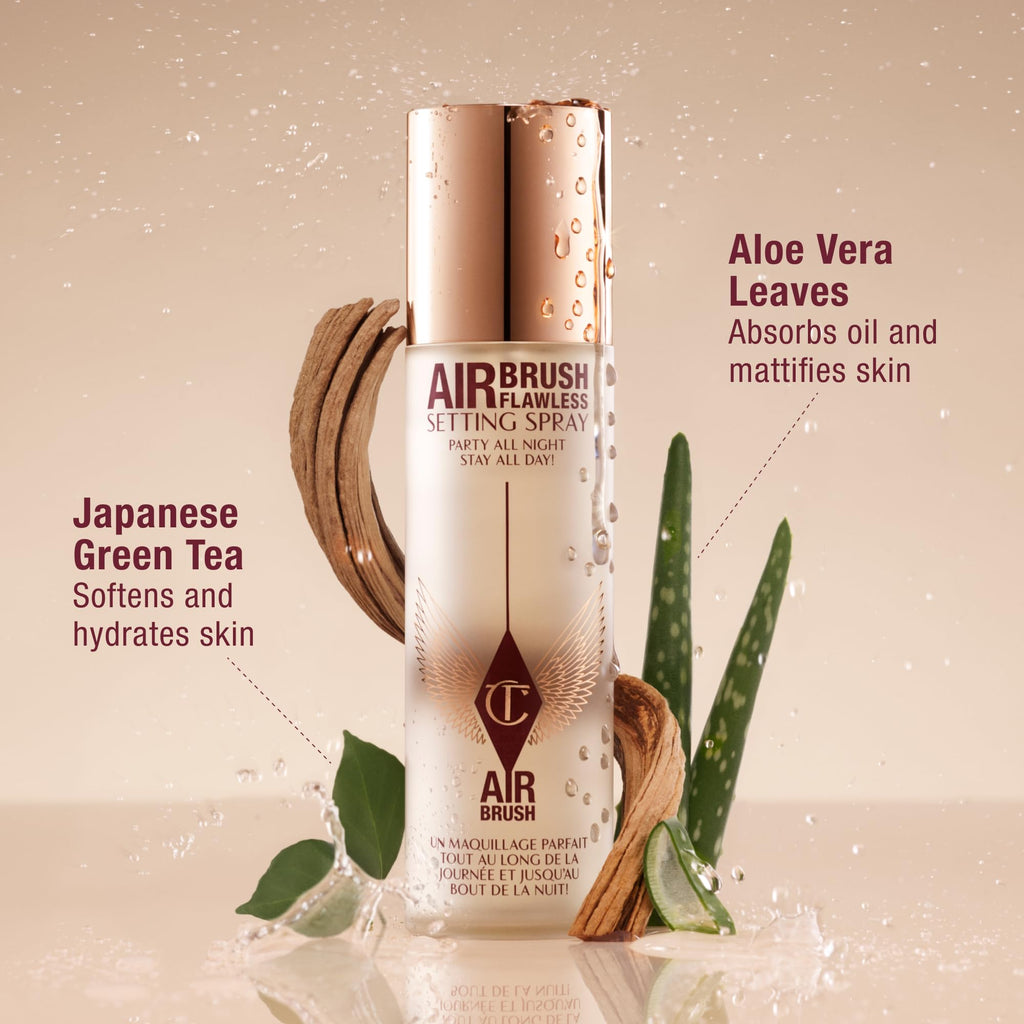 Rose-gold setting spray bottle with white cap beside aloe leaves and water droplets