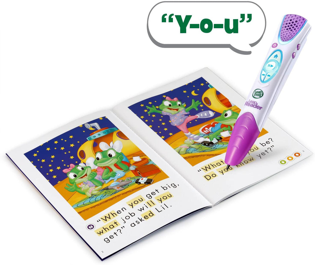 Interactive reading pen pointing at open picture book with animal characters