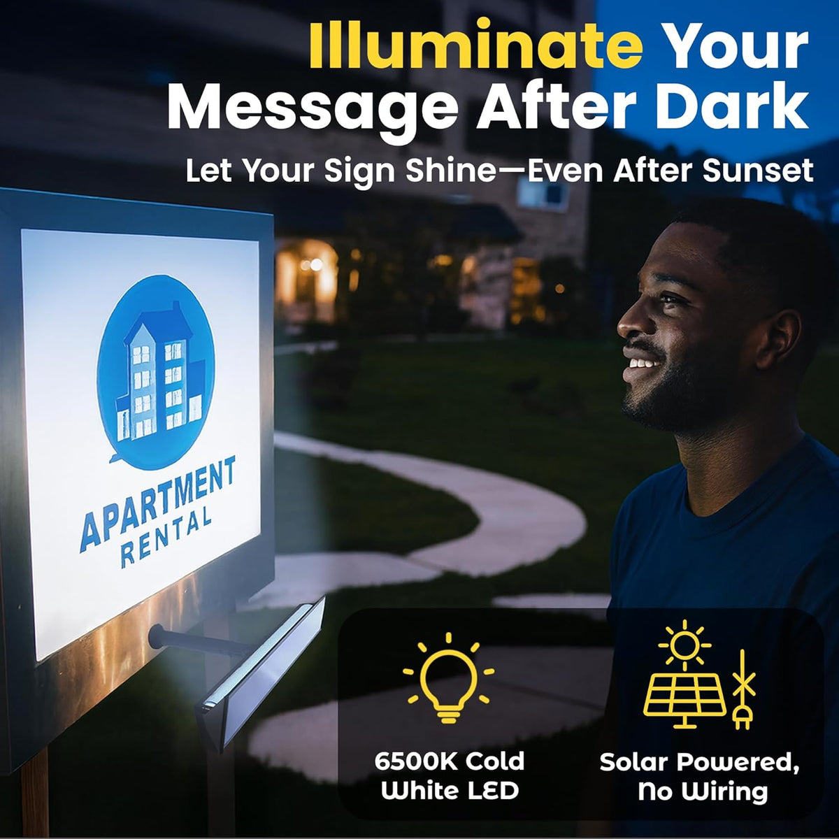 Solar sign flood light on illuminated sign with no wiring visible