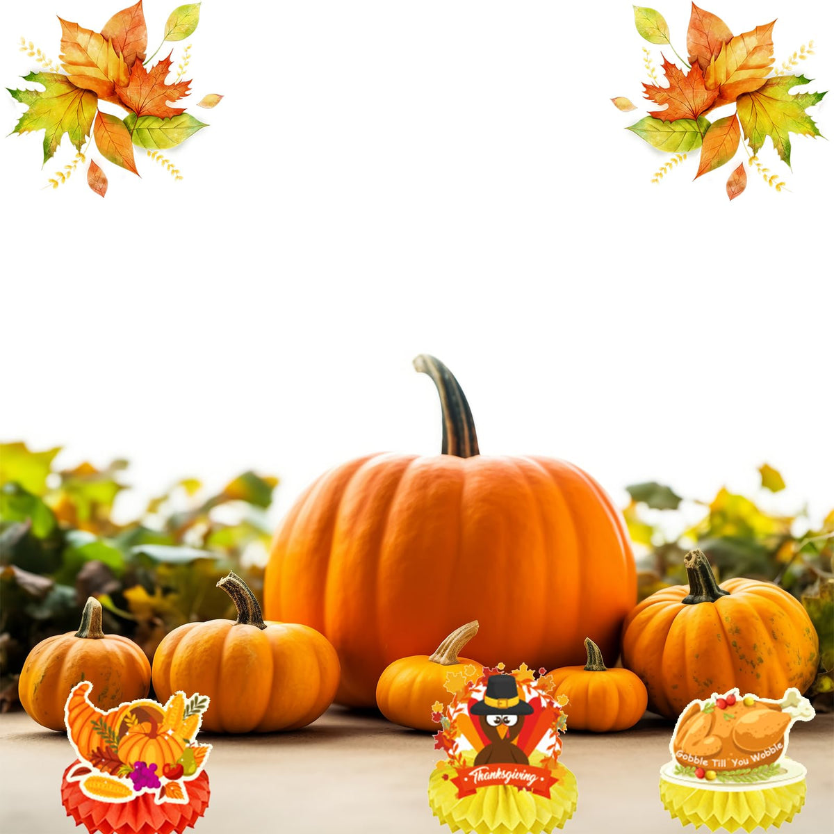 Thanksgiving honeycomb mini centerpieces with turkey and pumpkin toppers on table
