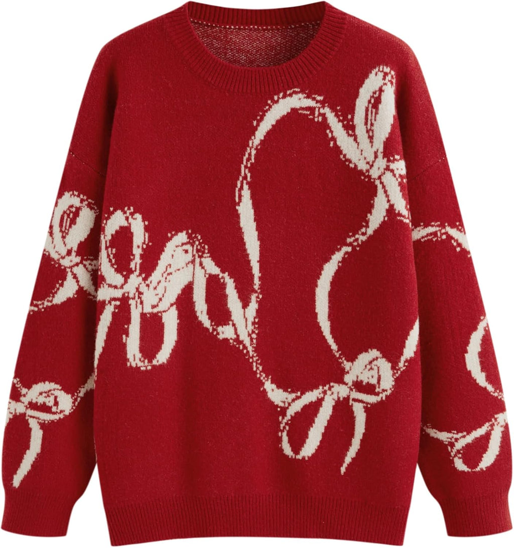 Red knit crewneck sweater with long sleeves and white bow cat graphic intarsia