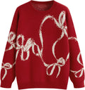 Red knit crewneck sweater with long sleeves and white bow cat graphic intarsia
