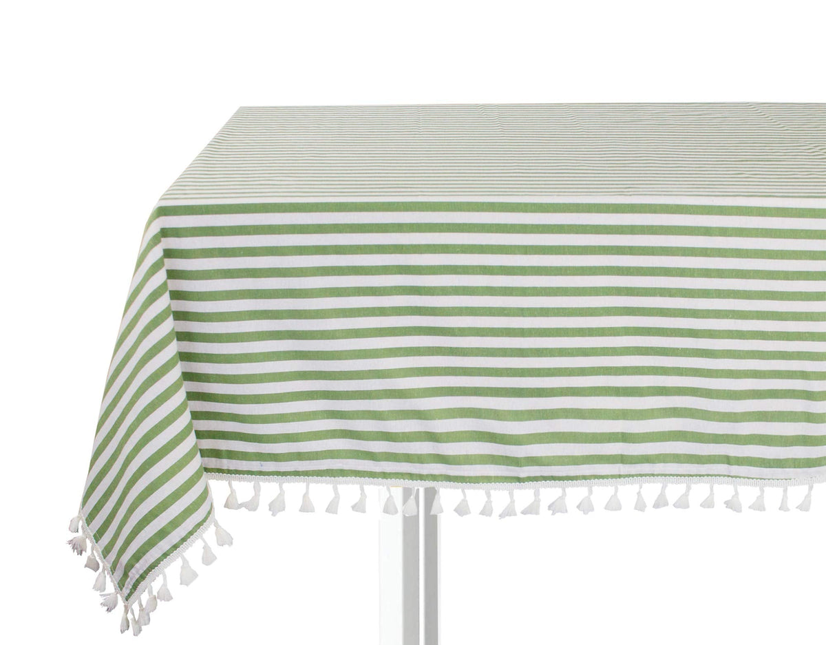 Cotton-blend tablecloth with tassels, green and white striped pattern, square throw size