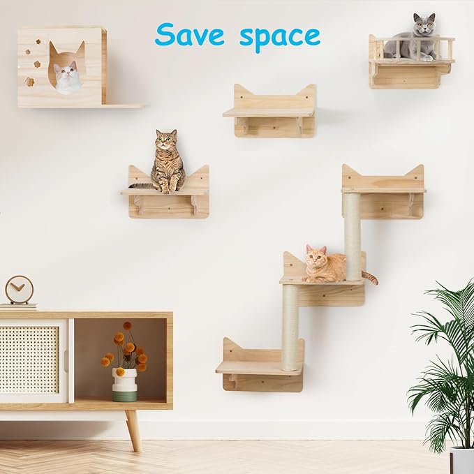Wall-mounted cat shelf set arrangement with wooden platforms and scratching post