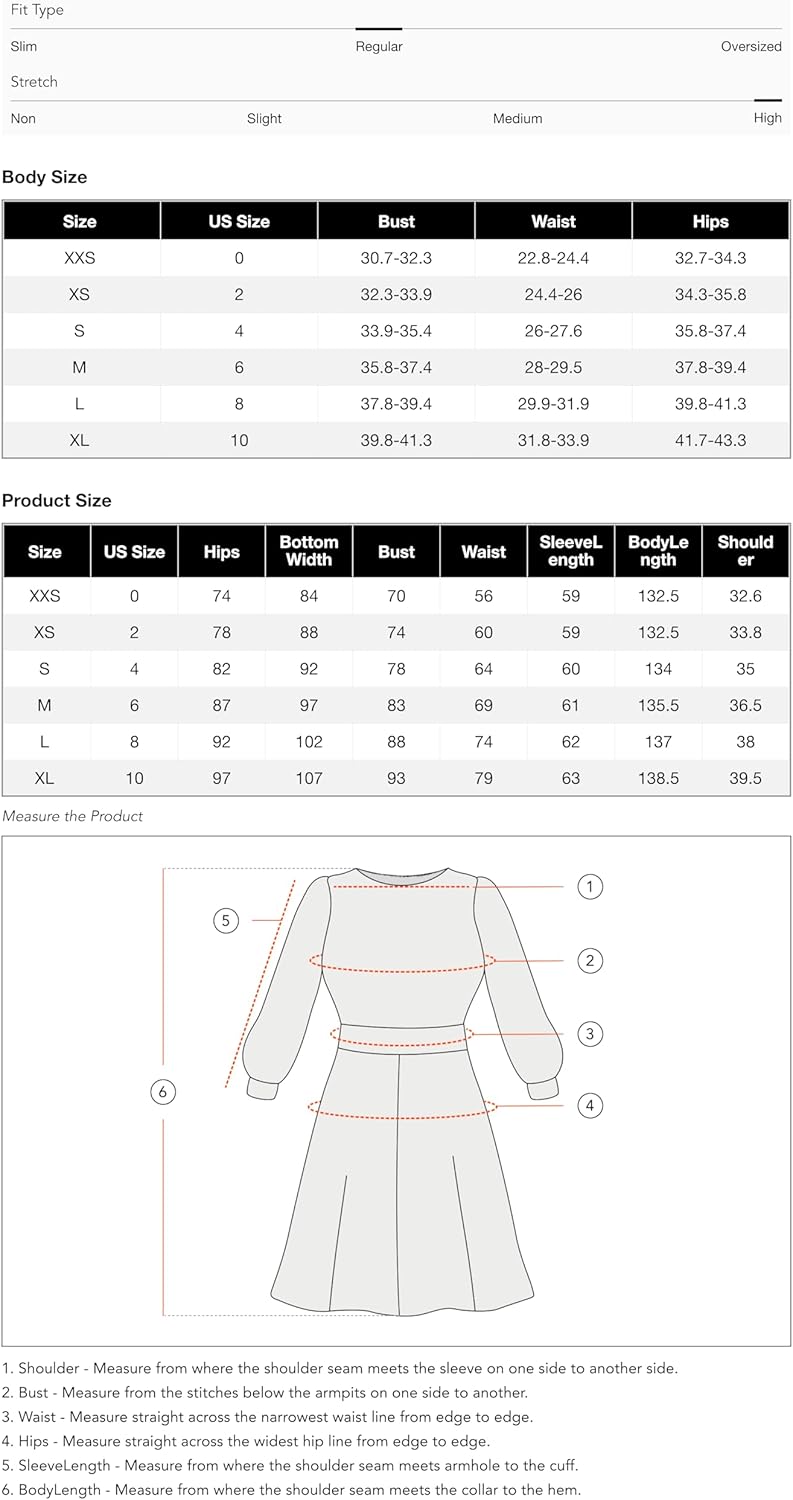 Dress size chart page with measurement table and garment diagram.
