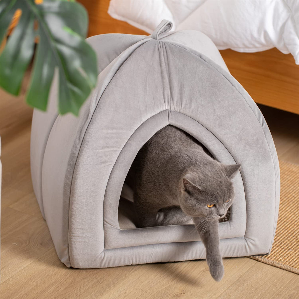 Kasentex soft cat bed cushion in grey, arched igloo tunnel with cat inside entrance