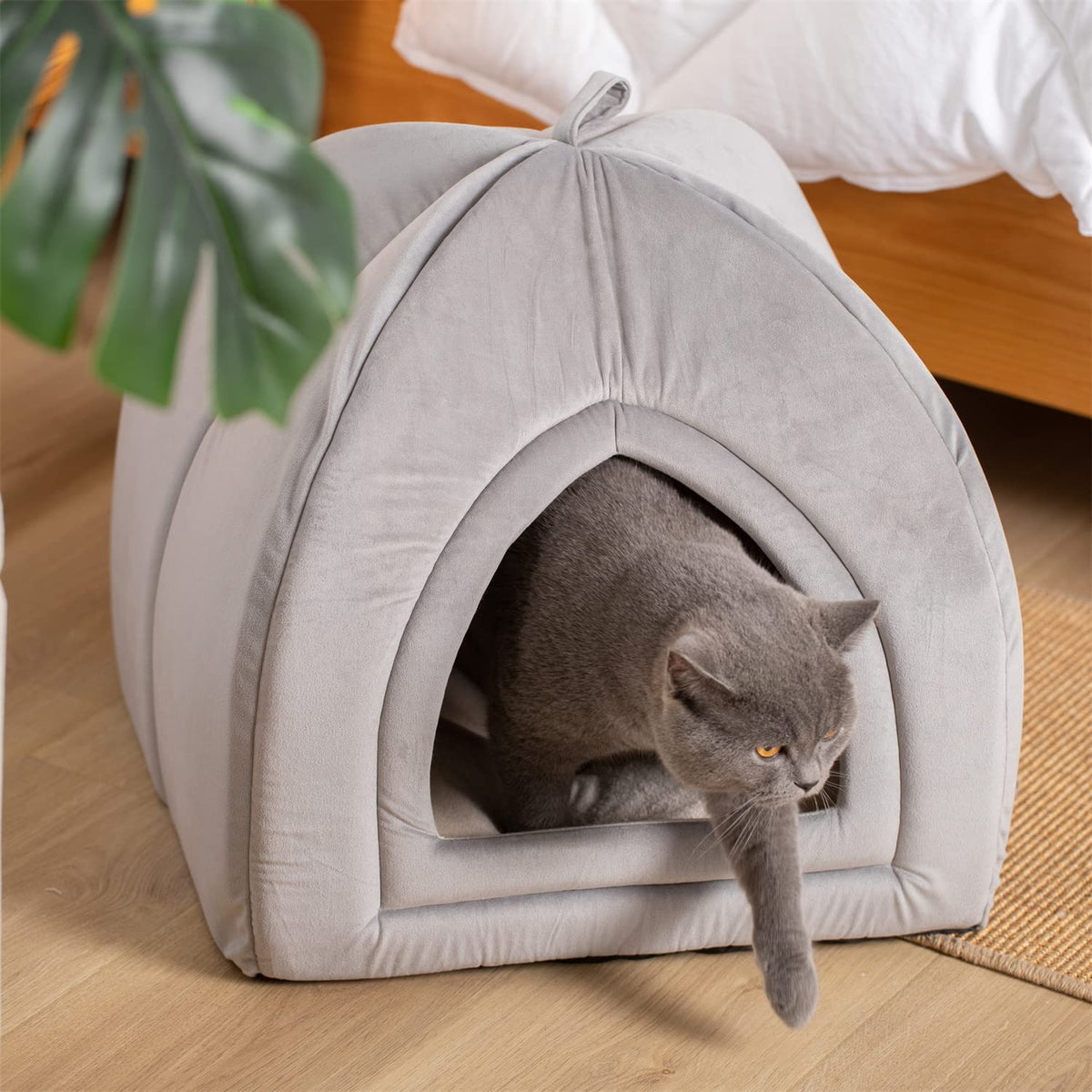 Kasentex soft cat bed cushion in grey, arched igloo tunnel with cat inside entrance