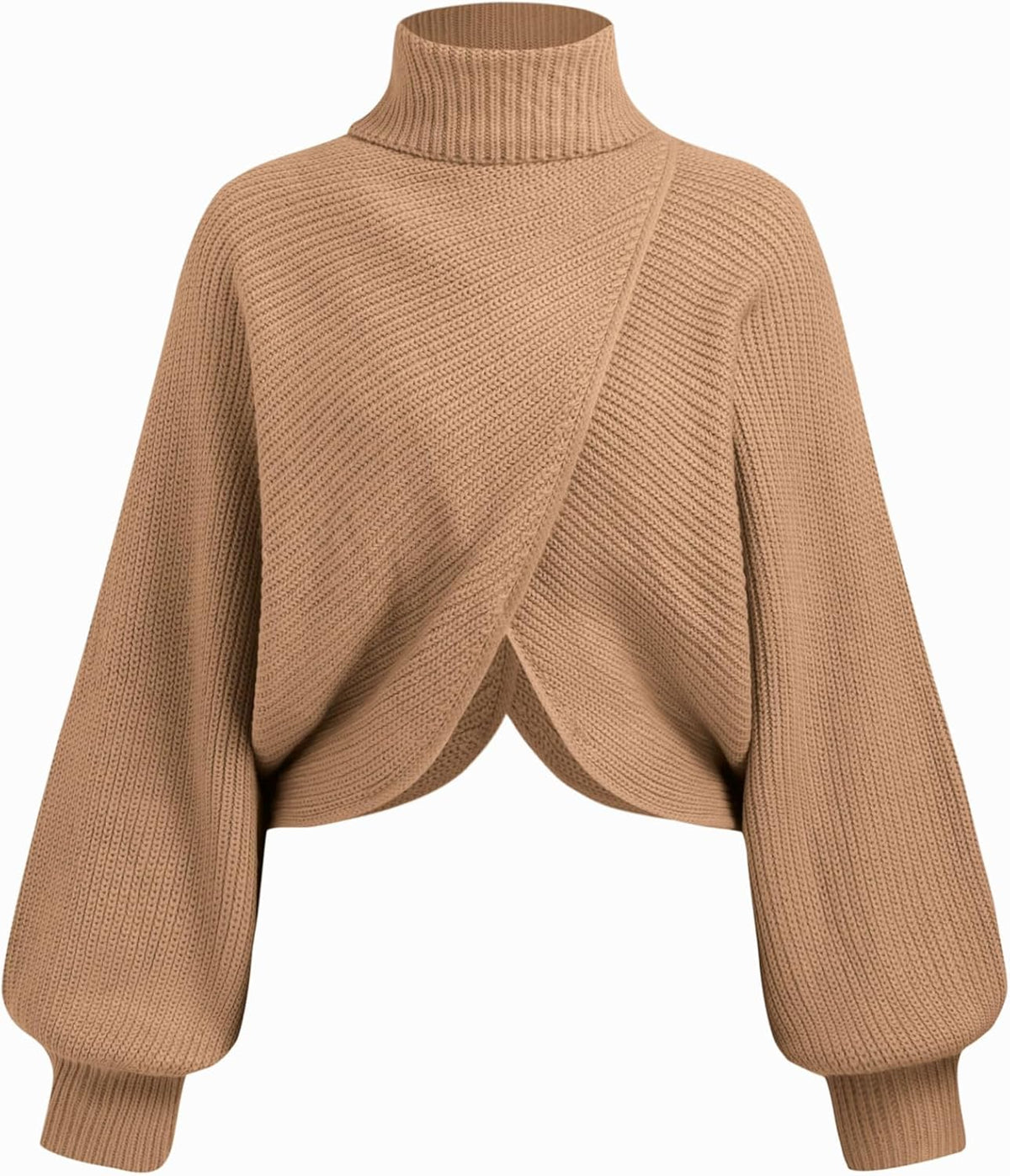 Cropped knit turtleneck sweater, tan, ribbed texture, wrap-twist front, lantern sleeves