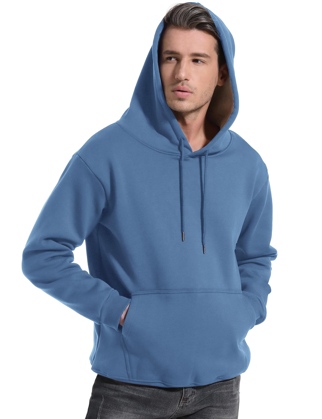 Blue pullover hoodie with hood and drawstring, kangaroo pocket; sherpa-lined fleece.