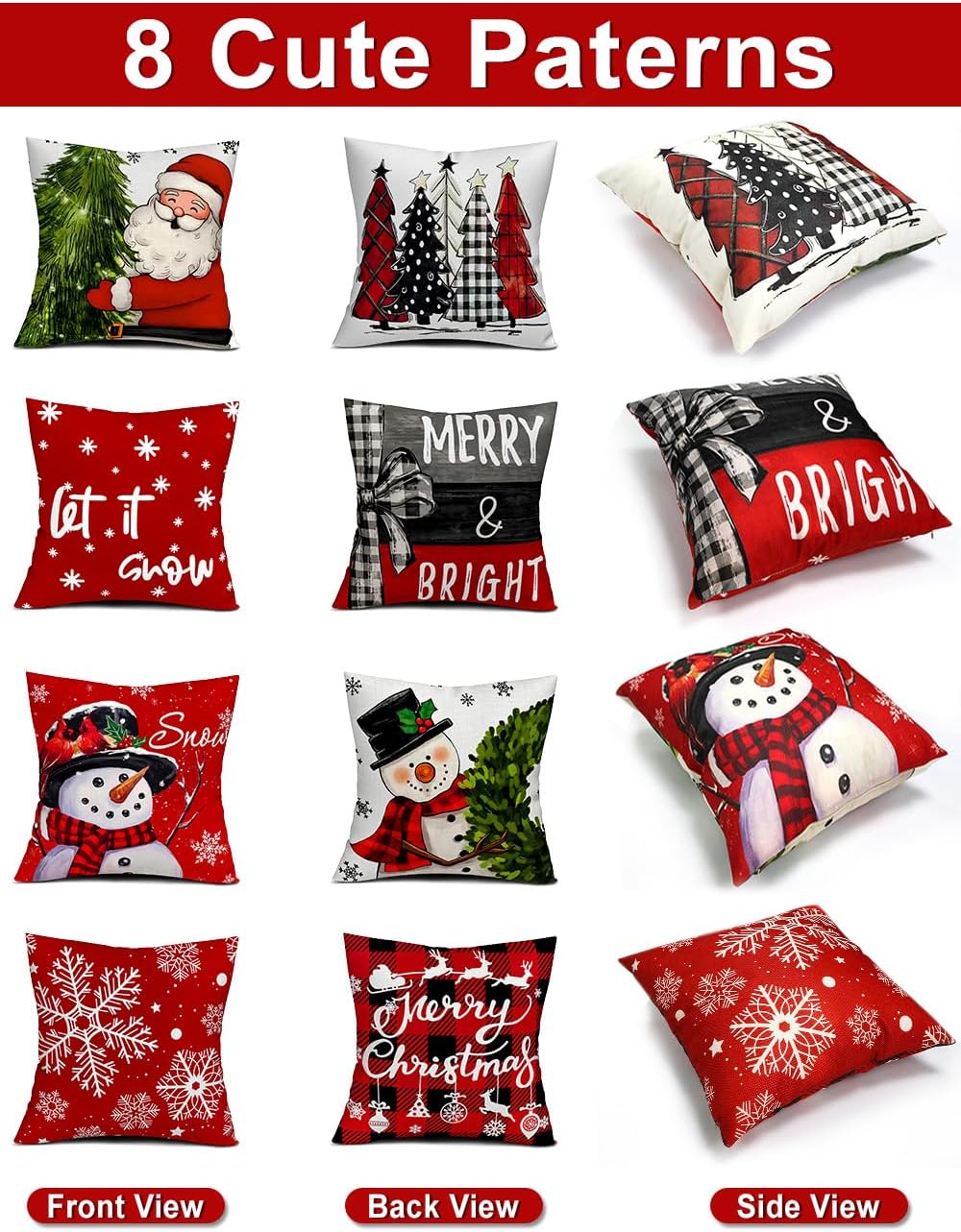 Set of 4 Christmas pillow covers featuring eight winter-themed print patterns